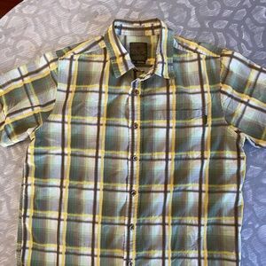 Prana green plaid, short sleeve button up shirt, men’s size medium